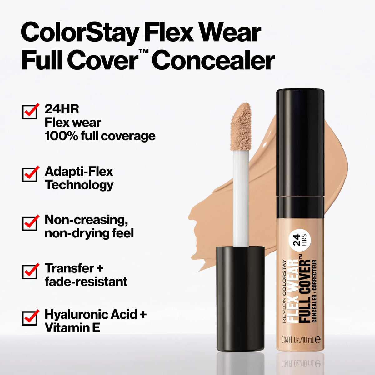 Revlon Colorstay Flex Wear, Full Cover Non-Creasing Concealer, Infused With Hyaluronic Acid & Vitamin E, Flexible Longwear, 010 Vanilla, 0.34 Fl Oz.