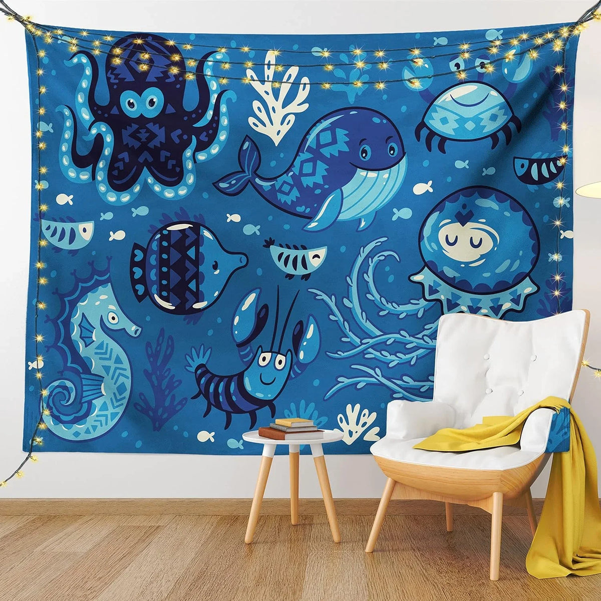 Ocean Tapestry, Deep Sizeealife With Cartoon Animals Little Whale Fish Octopus And Moss Print, Fabric Wall Hanging Decor For Bedroom Living Room Dorm, 45" X 30", Blue