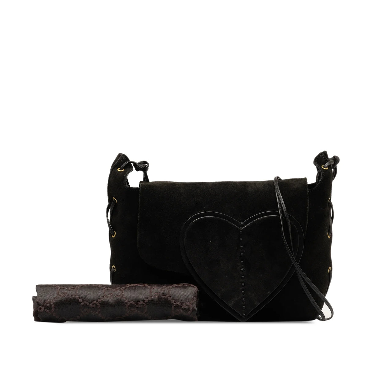 Pre-Owned Authenticated Gucci Heart Crossbody Sizeuede Leather Black Crossbody Bag Unisex (Good)