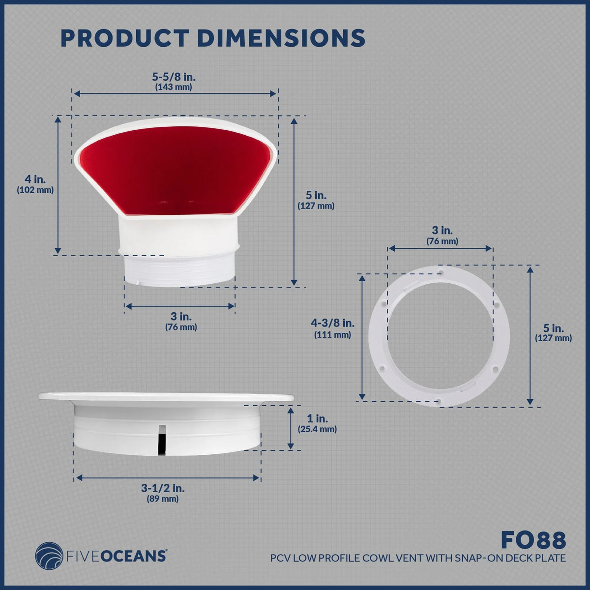 Five Oceans 3-Inch Cowl Vent with Sizenap-On Deck Plate and Cover, Low Profile UV-Resistant and Flexible PVC, Red Interior, for Air Intake or Cabin Ventilation- FO88