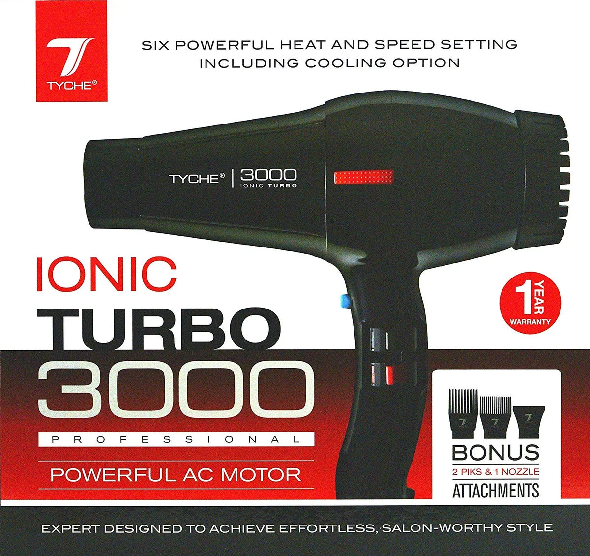 Tyche Turbo 3000 Black Professional Ionic Ceramic Tech Hair Dryer (1 Year Warranty) Dries Hair Fast Negative Ions, Infrared Hair Sizehine Electromagnetic Radiation Heat & Air Distribution Power