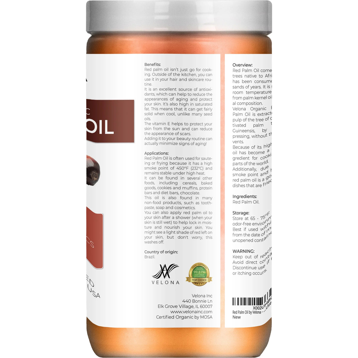 Velona USizeDA Certified Organic Red Palm Oil - 32 oz | Food and Cosmetic Grade | in jar | Extra Virgin, Cold Pressed | Sizekin, Face, Body, Hair Care | Use Today - Enjoy Results