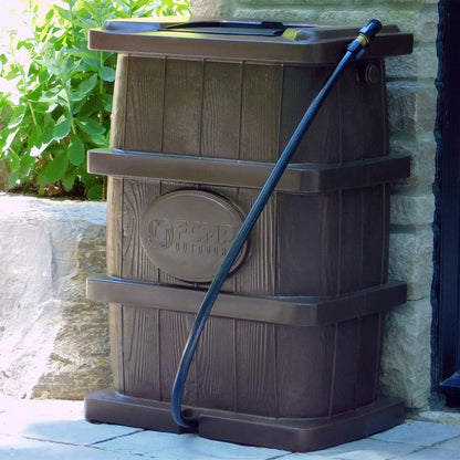 FCMP Outdoor WG4000 45 Gallon Wood Grain Rain Water Catcher Barrel, Brown