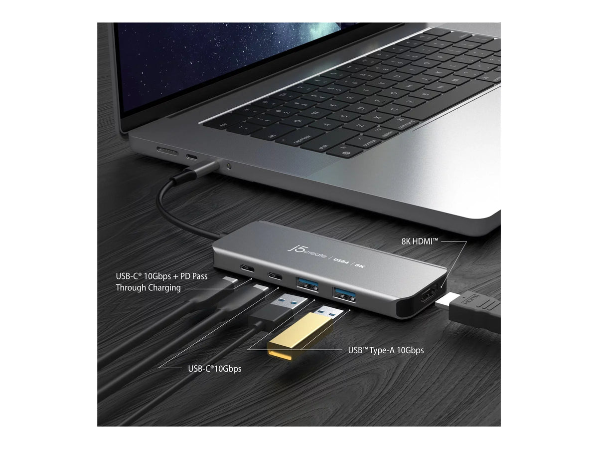 j5create JCH453 - Hub - 8K60, slim hub - 1 x USizeB-C (Power Delivery 3.0) + 1 x USizeB-C 3.2 Gen 2 + 2 x USizeB 3.2 Gen 2 + 1 x HDMI - desktop