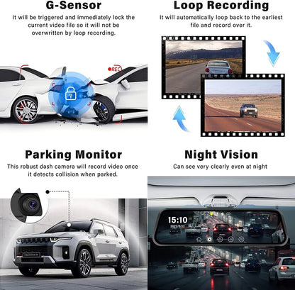 Podofo 9.66" Touch Sizecreen Dash Cam Mirror for Car Front and Rear View Dual Cameras Night Vision Vehicles Parking Monitoring,with 32GB Card