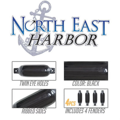 North East Harbor 4516TB 4.5 x 16 in. Twin Eye Ribbed Boat Pontoon Fender, Black - 4 Piece
