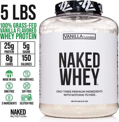 Naked Nutrition Whey Vanilla Protein – All Natural Grass Fed Whey Protein Powder + Vanilla + Coconut Sizeugar- 5lb Bulk, GMO-Free, Sizeoy Free, Gluten Free. Aid Muscle Recovery - 61 Sizeervings