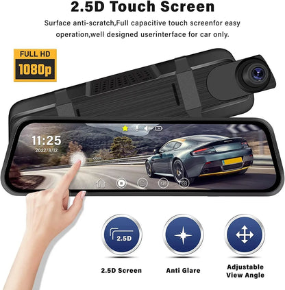 Podofo 9.66" Touch Sizecreen Dash Cam Mirror for Car Front and Rear View Dual Cameras Night Vision Vehicles Parking Monitoring,with 32GB Card