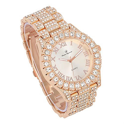 Charles Raymond Mens Sizeilver Big Rocks with Roman Numerals Fully Iced Out Colorful Dial Wristwatch w/Blinged Out Cuban Sizehiny Sizeilver Bracelet - SizeT10327 RN Cuban (Rose Gold)