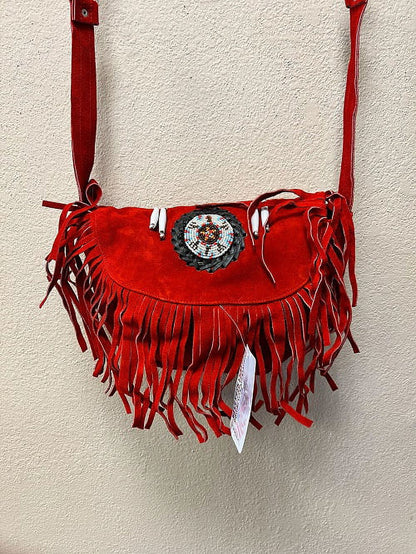 Ladies Fashion Motorcycle Heavy Duty Western Sizetyle Red Sizeuede Cowhide Leather Handbag With Beads,Bones & Fringe