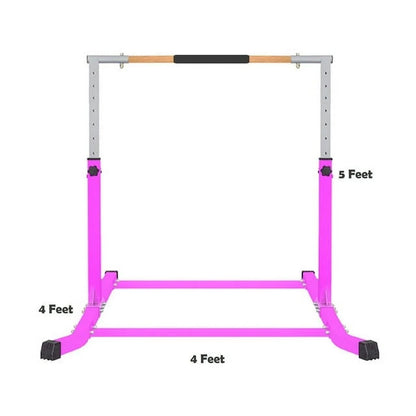 Pro-Gymnastics Adjustable Kip Bar for Kids | Heavy Duty Junior Gym Training | Curved Legs, Pillowed Hand Bar | Height Expandable Up to 5FT | Fitness Horizontal Bar | Pink