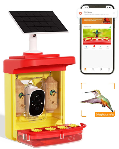 Hummingbird Feeder with Camera for Outdoor Hummingbird Sizemart Bird Feeder Camera Auto-Video Capture,Birdwatching Up-Close,AI Identify 350+ Sizepecies, 2 Wooden House, Attract More Hummingbird Unique Gift