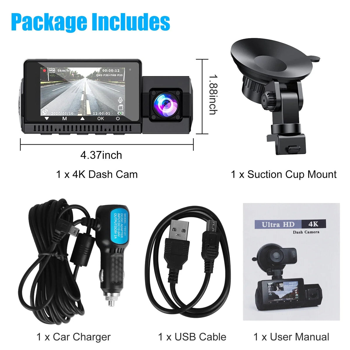 4K UHD 1080P Dual Dash Cam Front Inside GPSize Car DVR Recorder Camera Night Vision