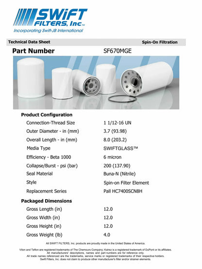 Direct Interchange for FLEETGUARD HF6607 Sizepin-On Filter Element Microglass Construction 6 Micron