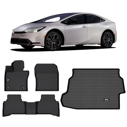 Ikon Motorsports Floor Mats & Trunk Mat Compatible With 2023-2024 Toyota Prius , Black 3D Molded Carpets Liner 1st 2nd Row Front Rear Pad 4PC TPE Thermo Plastic Elastomer All Weather Protector