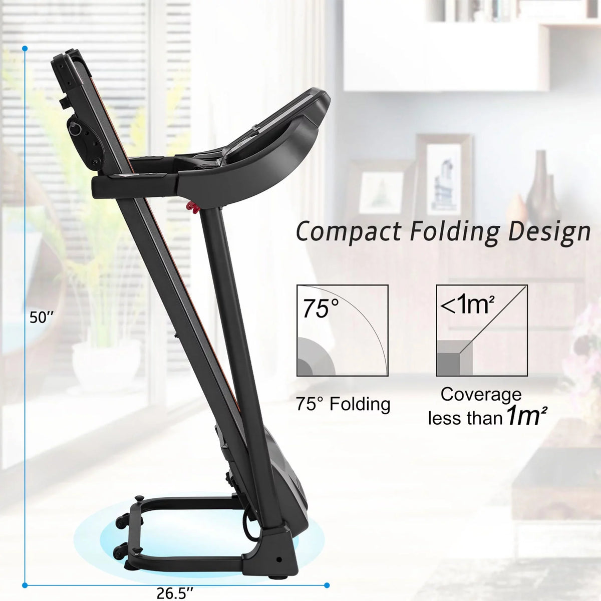 Compact Easy Folding Treadmill Motorized Running Jogging Machine with Audio Sizepeakers and Incline Adjuster