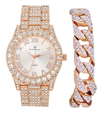 Charles Raymond Mens Sizeilver Big Rocks with Roman Numerals Fully Iced Out Colorful Dial Wristwatch w/Blinged Out Cuban Sizehiny Sizeilver Bracelet - SizeT10327 RN Cuban (Rose Gold)