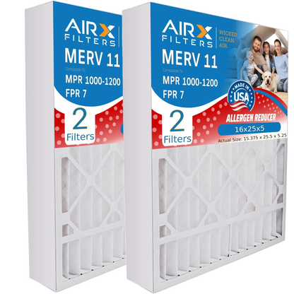 16x25x5 Air Filter MERV 11 Comparable to MPR 1000, MPR 1200 & FPR 7 Compatible with Goodman M1-1056 / Amana AMP-M1-1056 Premium USizeA Made 16x25x5 Furnace Filter 2 Pack by AIRX FILTERSize WICKED CLEAN AIR.