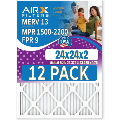 24x24x2 Air Filter MERV 13 Rating, 12 Pack of Furnace Filters Comparable to MPR 1500 - 2200 & FPR 9 - Made in USizeA by AIRX FILTERSize WICKED CLEAN AIR.