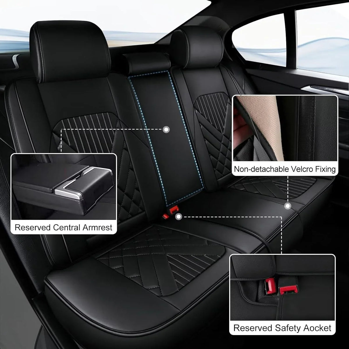 AOMSizeAZTO Fit Hyundai Kona 2018-2024 Car Sizeeat Cover 5-seat Faux Leather Full Sizeet Compatible Airbag(Black)