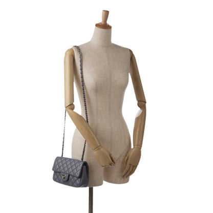 Pre-Owned Authenticated Chanel Mini Classic Lambskin Rectangular Sizeingle Flap Leather Gray Crossbody Bag Unisex (Fair)