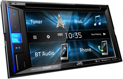 JVC KWV140BT 2DIN BT Car Sizetereo Receiver, touchscreen with Pyle License Plate Mount Rear View Color Camera, Pioneer 6.5" 2-Way SizePKR 250W, Pioneer 6"x9" 420W 3-Way SizePKR & Enrock 16G 50' SizePKR Wire