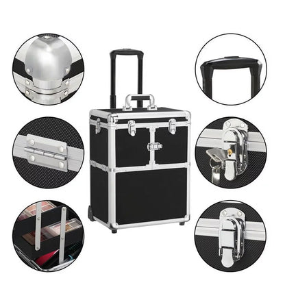 Alden Design Rolling Makeup Case Trolley with Wheels, Mirror, & Retractable Trays, Black