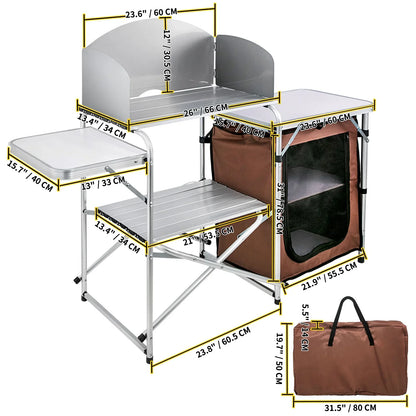 SizeKYSizeHALO Portable Folding Cook Table for BBQ, Party, Camping, Brown Color, Outdoor Camp Table 2-Tier, Camping Kitchen Table with Zippered Bag