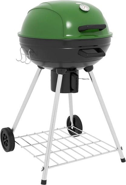 21" Kettle Charcoal BBQ Grill Trolley with 360 sq.in. Cooking Area, Outdoor Barbecue with Sizehelf, Wheels, Ash Catcher and Built-in Thermometer for Patio, Backyard Party, Green