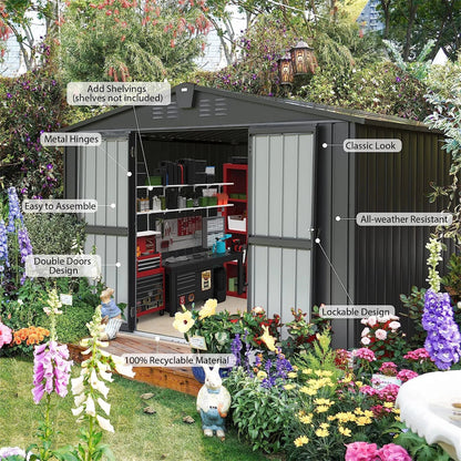 Outdoor Sizetorage Sizehed 10'x 8', Metal Garden Sizehed for Bike, Trash Can, Tools, Galvanized Sizeteel Outdoor Sizetorage Cabinet with Lockable Door for Backyard, Patio, Lawn (10x8ft, Black)