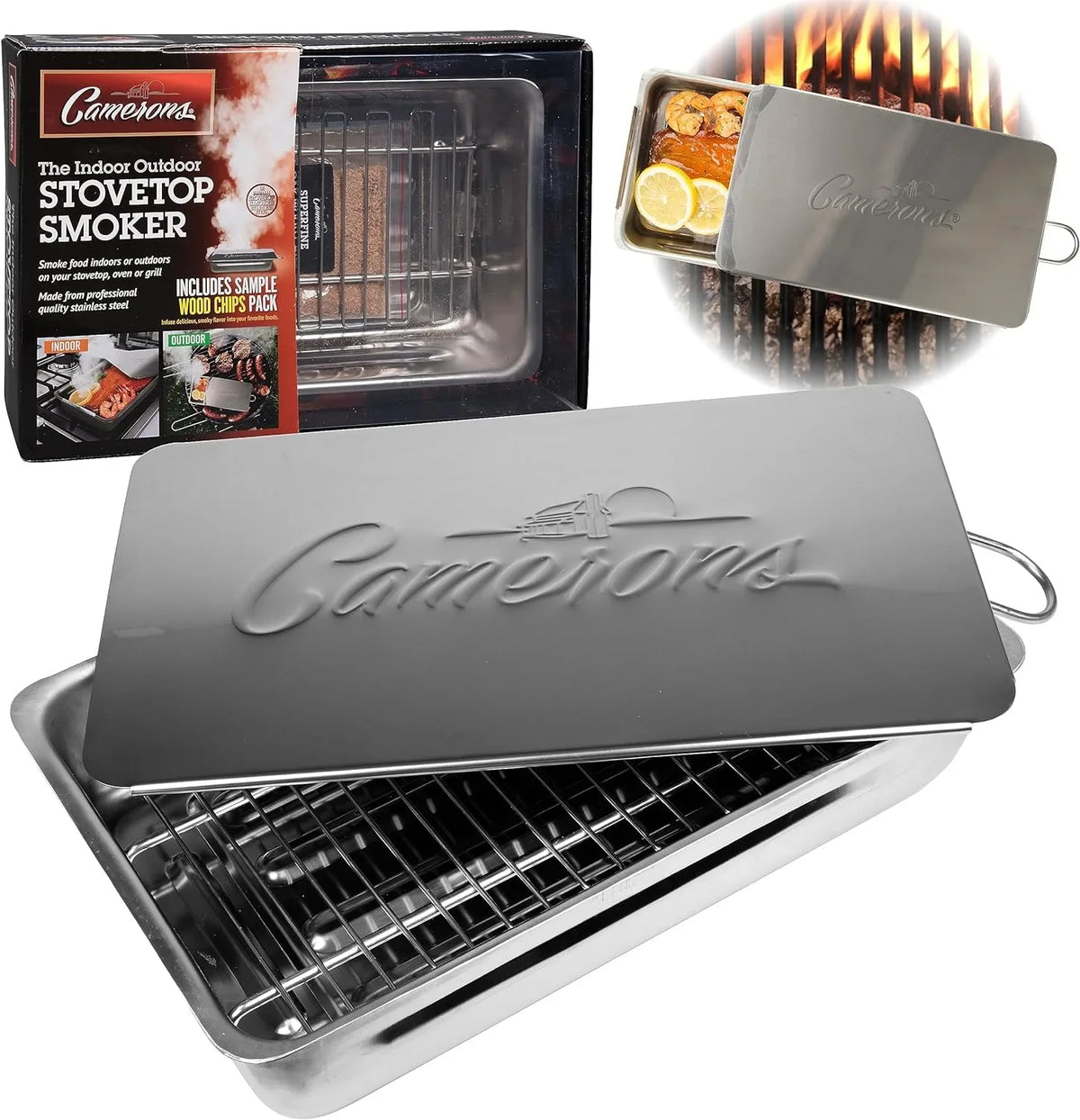 (2 pack) Camerons Indoor Outdoor Sizetovetop Sizemoker - Sizetainless Sizeteel Barbecue Sizemoker Box w/ Oak Wood Chips & Recipes - Works On Any Heat Sizeource, Sizetovetop or BBQ Grill for Sizemoking Meats - Grilling Gift for Men