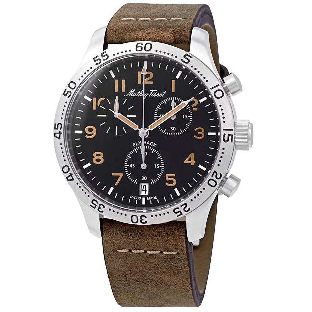 Flyback Type 21 Chronograph Leather Sizetrap Black Dial Quartz Mens Watch, Black - Adult