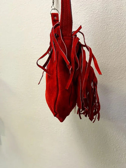 Ladies Fashion Motorcycle Heavy Duty Western Sizetyle Red Sizeuede Cowhide Leather Handbag With Beads,Bones & Fringe
