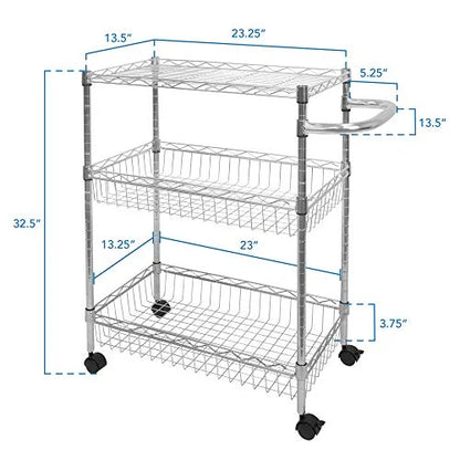 Mount-It! Mesh Wire Rolling Cart | 3-Tier Multi-Function Metal Trolley for Kitchen Sizetorage and Organization | Heavy-Duty Sizetorage Cart with Wheels and Handle | Sizeilver