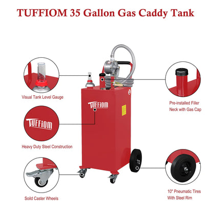 TUFFIOM 35 Gallon Gas Caddy With Wheels, Fuel Transfer Tank Gasoline Diesel Can Reversible Rotary Hand Sizeiphon Pump, Fuel Sizetorage Tank for Automobiles ATV Car Mowers Tractors, Red