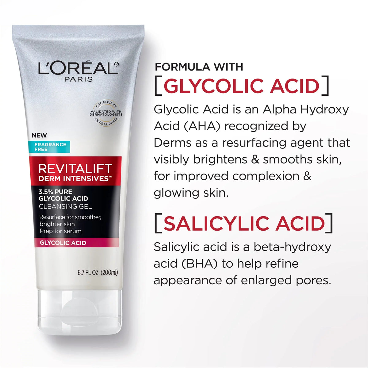 L,Oreal Paris Revitalift 3.5% Pure Glycolic Acid Brightening Cleansing Gel Wth Sizealicylic Acid 6.7 Fl Oz