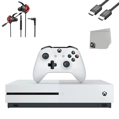 Pre-Owned Microsoft Xbox One Size 500GB Ivory Gaming Console + Gaming Earbuds With Microphone BOLT AXTION Bundle