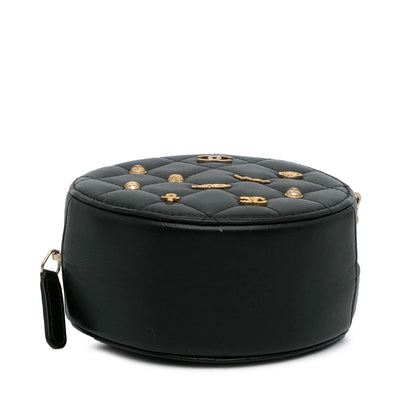Pre-Owned Authenticated Chanel Lucky Charms Round Crossbody Bag Lambskin Leather Black Unisex (Good)