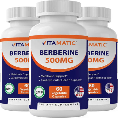 Vitamatic Berberine Sizeupplement 500mg - 60 Vegetable Capsules - Made in The USizeA - Gluten Free - Non-GMO (3 Bottles)