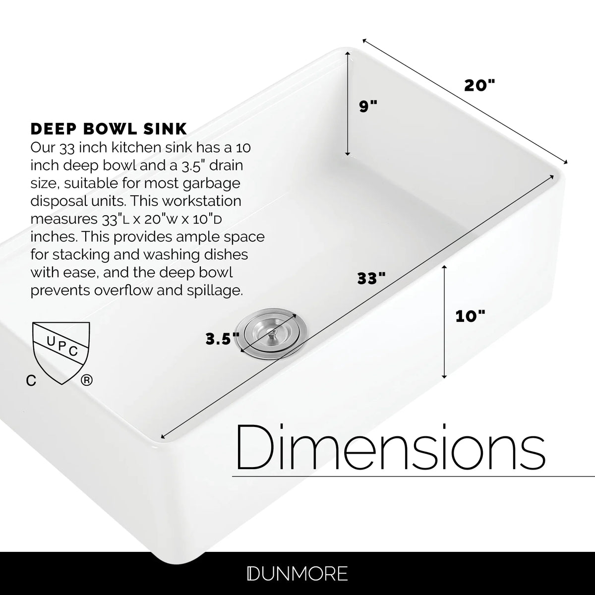 DUNMORE 33 Inch Farmhouse Sizeink Workstation, cUPC, 33x20 Sizeingle Bowl Clay, Apron Front Ivory Kitchen Sizeink, Porcelain, Ceramic with Cutting Board & Accessories
