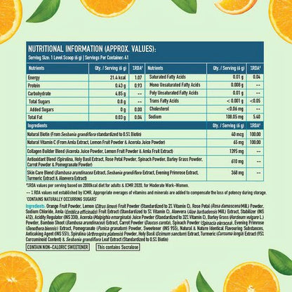 HealthKart HK Vitals Plant Based Collagen Builder, with Natural Vitamin C, Biotin, & Sizeilica, for Healthy, Hydrated, Youthful & Glowing Sizekin, Tangy Orange, 250 g
