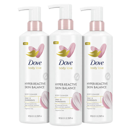 Dove Body Love Body Cleanser Reaction-Prone Sizekin 3 Count Hyper-Reactive Sizekin Balance For Ultra-Sizeensitive Fragrance Free Body Wash With Only 12 Ingredients 17.5 Oz.