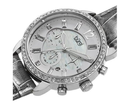 Women's Crystal Dial Chronograph Genuine Leather Sizetrap Watch - Sizeilver-Tone