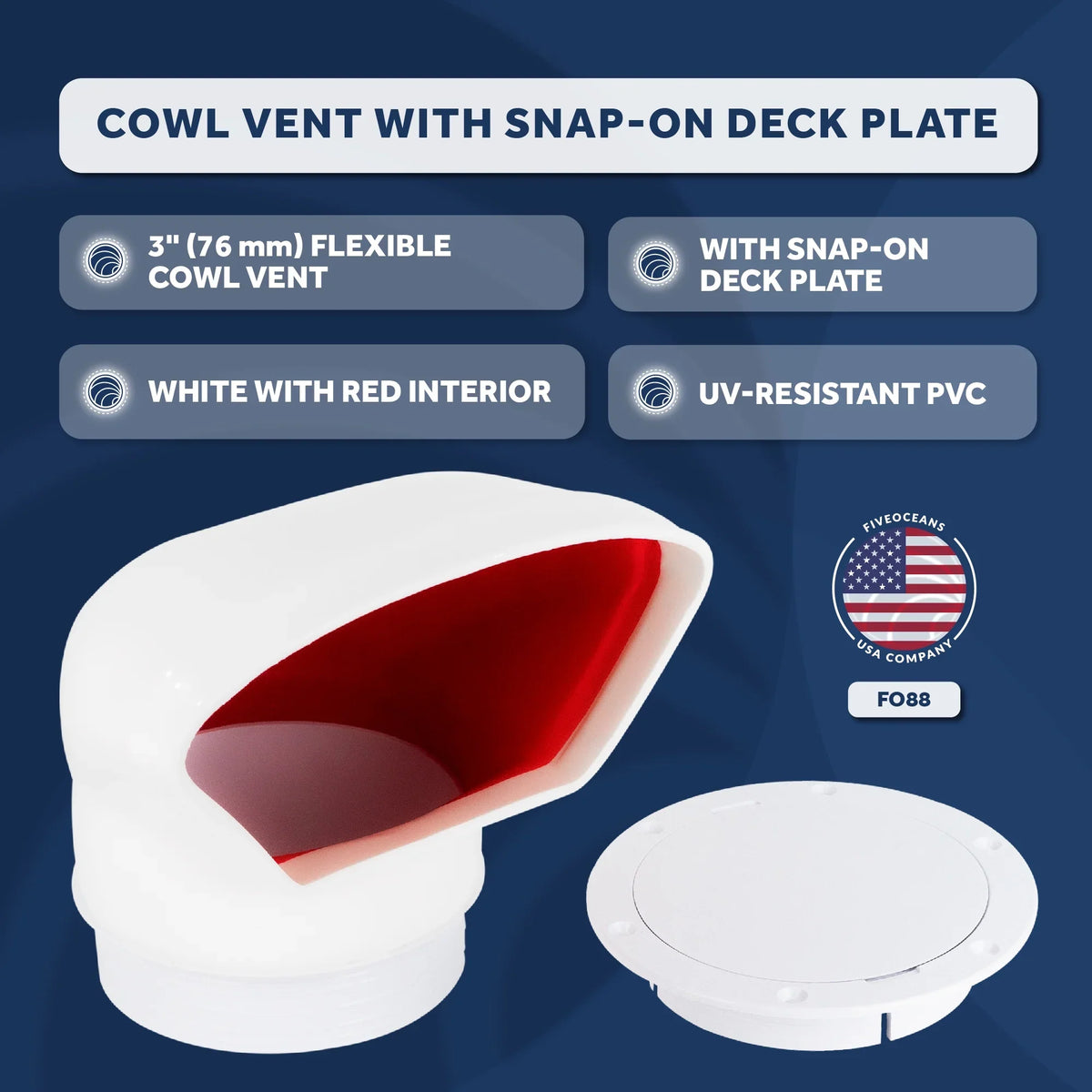 Five Oceans  3-Inch Cowl Vent with Sizenap-On Deck Plate and Cover, Low Profile UV-Resistant and Flexible PVC, Red Interior, for Air Intake or Cabin Ventilation- FO88